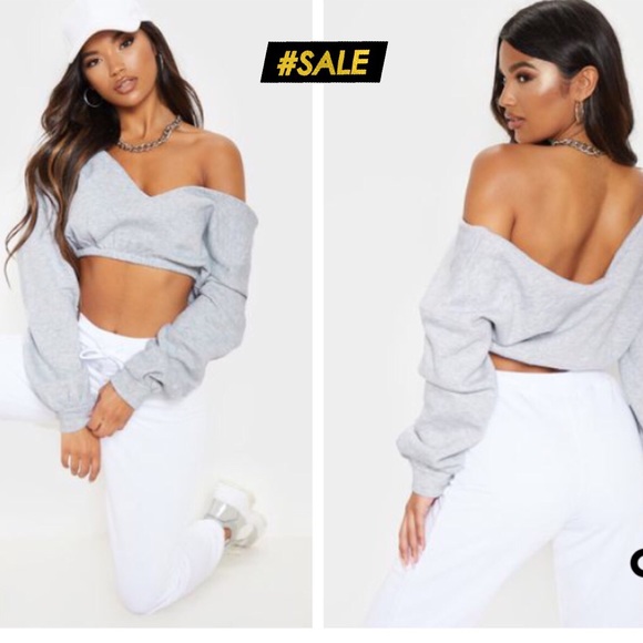 PrettyLittleThing Sweaters - Gray Marl Crop Off Shoulder Sweater Size Small
